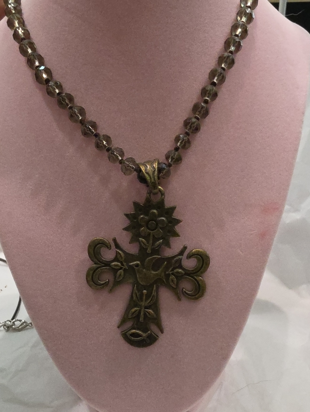 Long Bronze-Tone Floral Cross Pendant Necklace - Women Jewelry